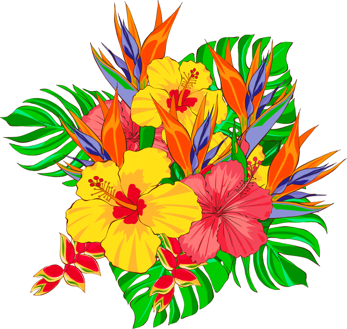 Bright bouquet of tropical flowers and leaves