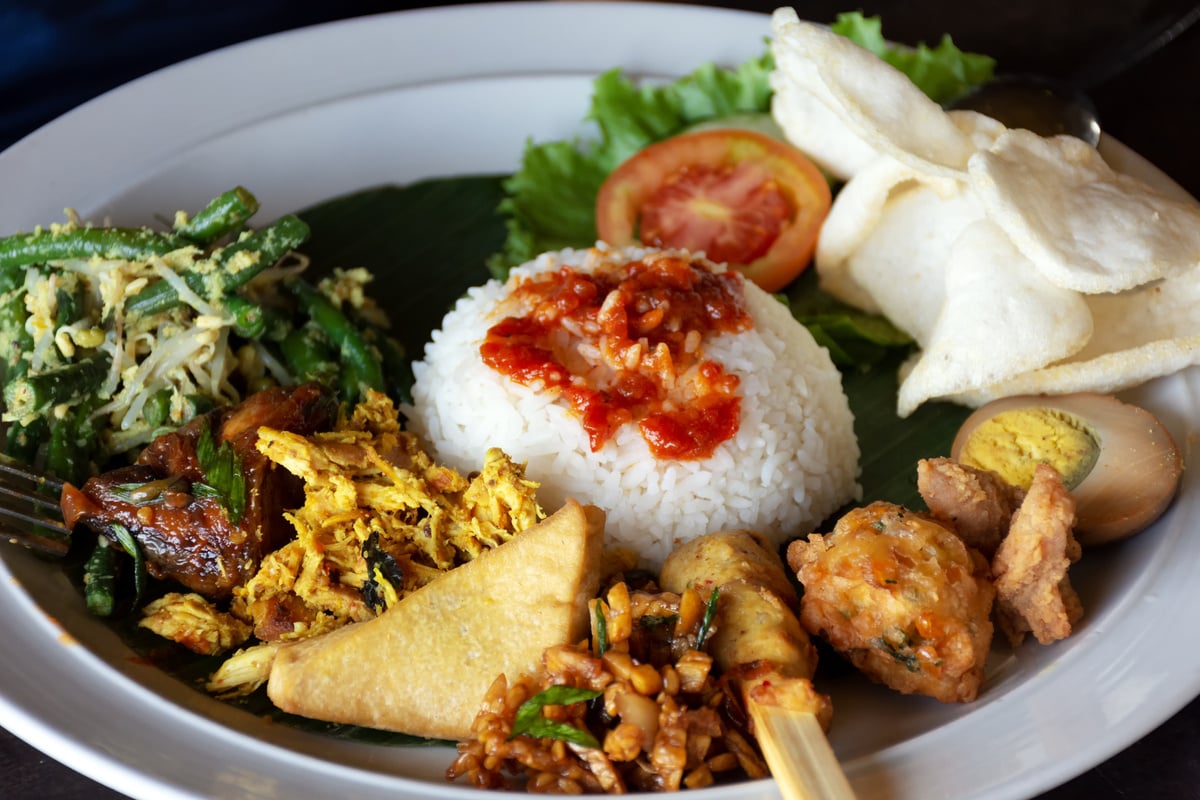 Nasi campur Bali or also known as Balinese mixed rice